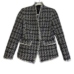 Ann Taylor 2 Black White Boucle Tweed Fringe Blazer Jacket Knit Classic Career